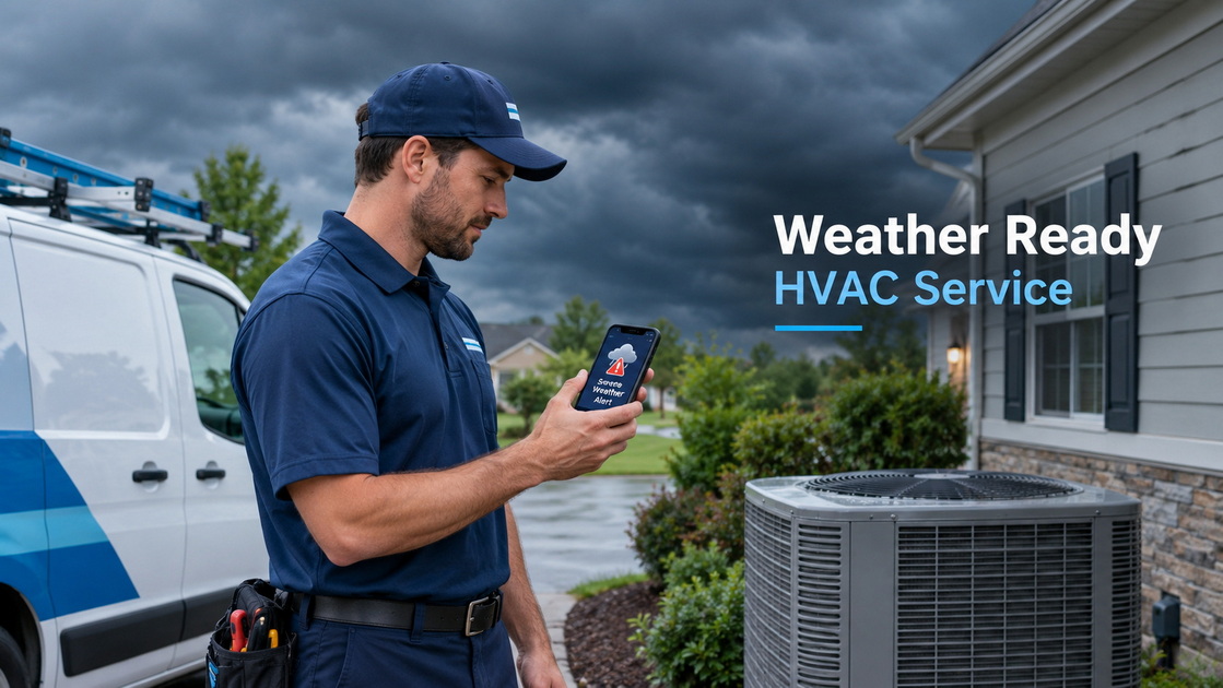 1HVAC Technician Checking Storm Conditions 1HVAC Technician Checking Storm Conditions