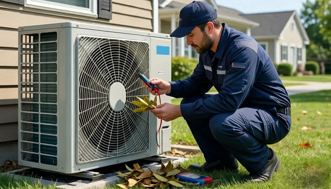 AC Technician Inspecting Outdoor Unit AC Technician Inspecting Outdoor Unit