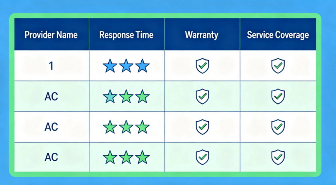 AC Repair Provider Comparison Table AC Repair Provider Comparison Table