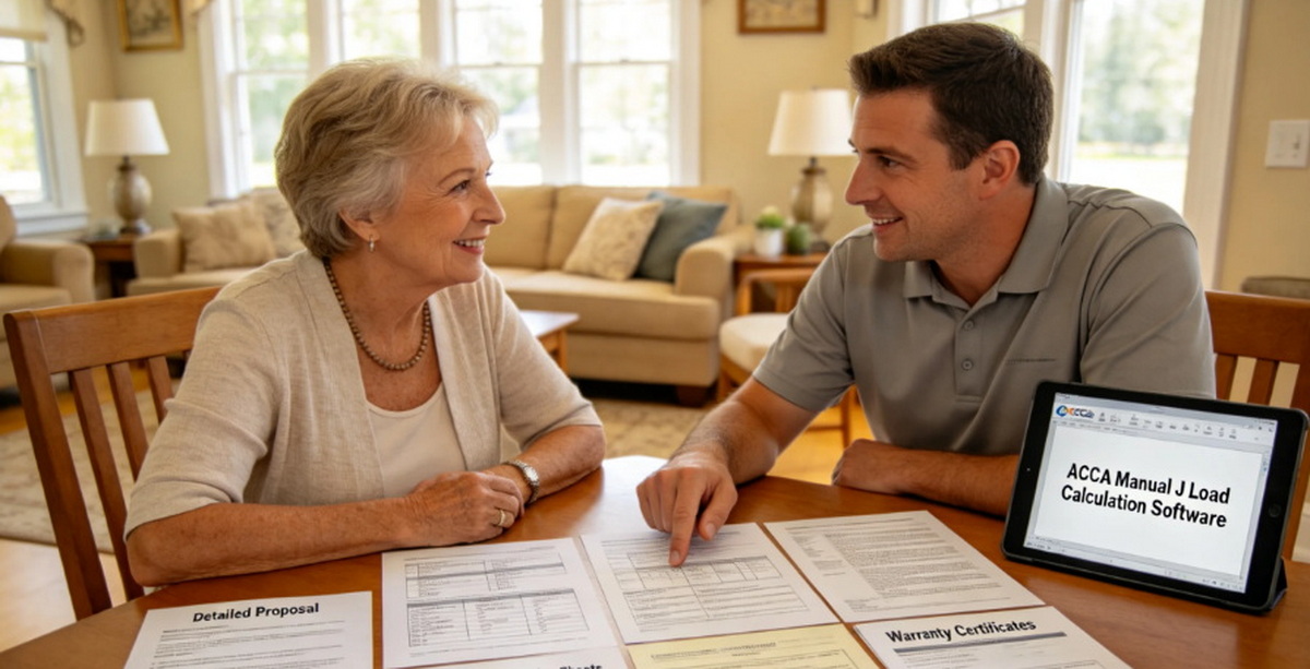 Homeowner Reviewing HVAC Installation Contract with Technician Homeowner Reviewing HVAC Installation Contract with Technician