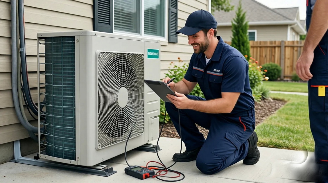 HVAC Technician Inspecting Condenser