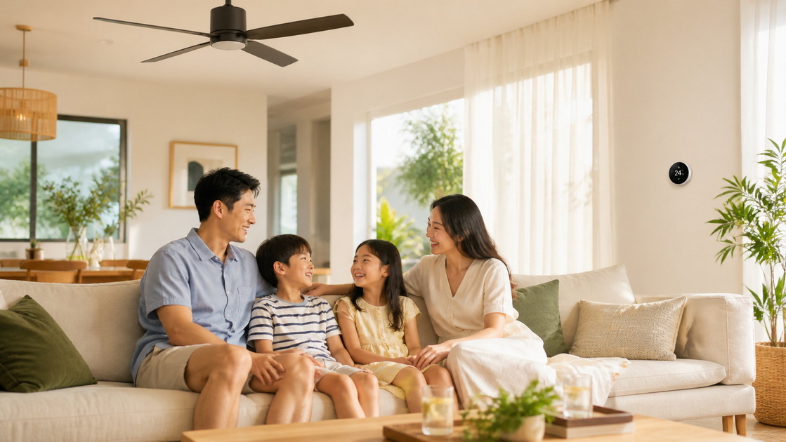 Family Relaxing Comfortably In Cool Living Room