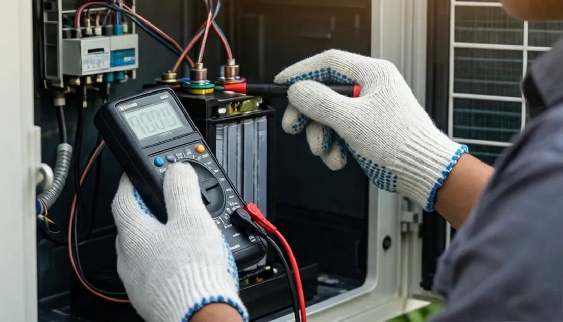 HVAC Technician Testing Capacitor with Multimeter